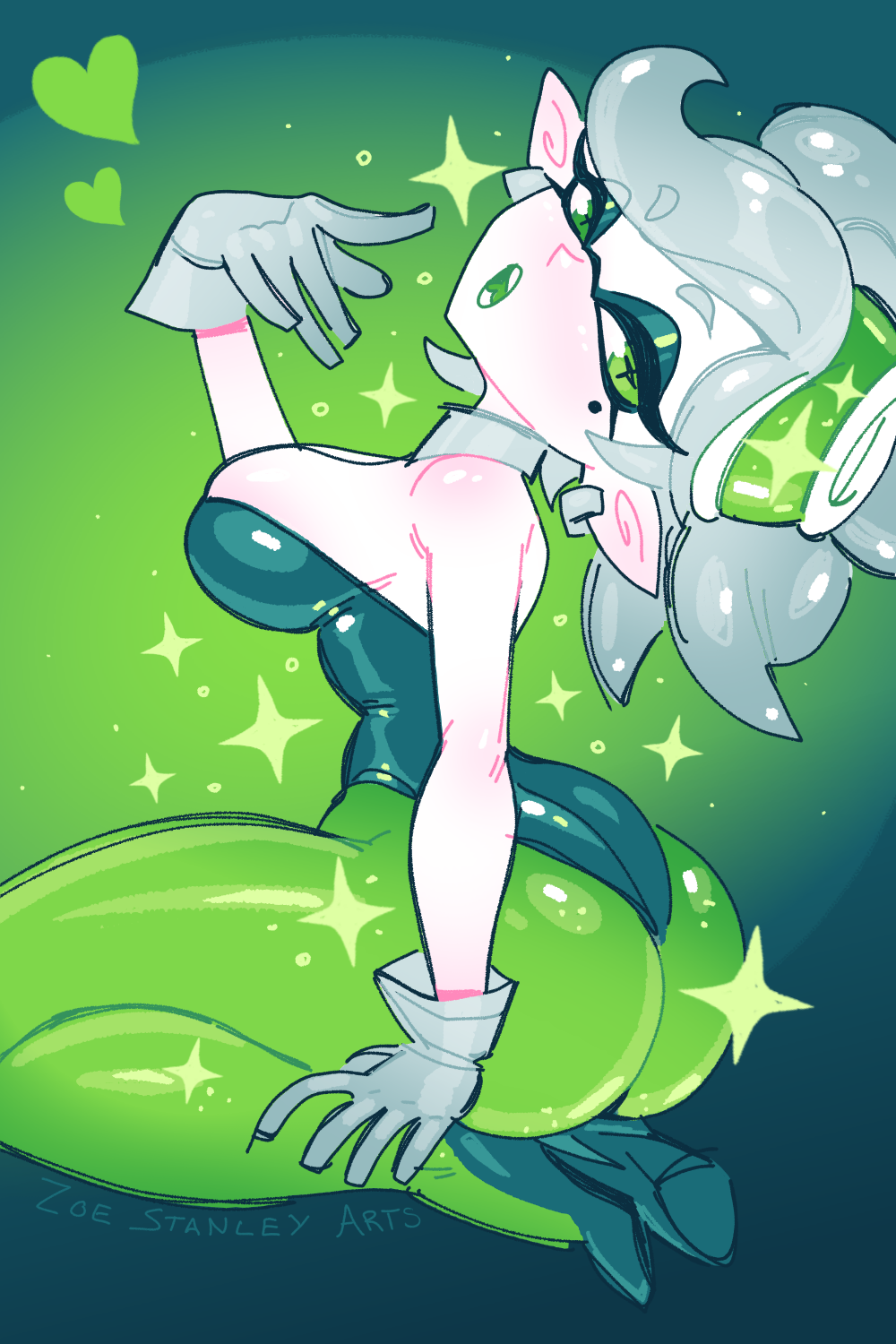 1girl ass bleedingpervert breasts cross-shaped_pupils detached_collar fang from_behind gloves green_background green_eyes head_tilt heart high_heels highres inkling kneeling large_breasts leotard looking_at_viewer looking_back marie_(splatoon) mole mole_under_eye nintendo open_mouth short_hair sitting solo sparkle splatoon_(series) splatoon_1 symbol-shaped_pupils tentacle_hair wariza white_hair