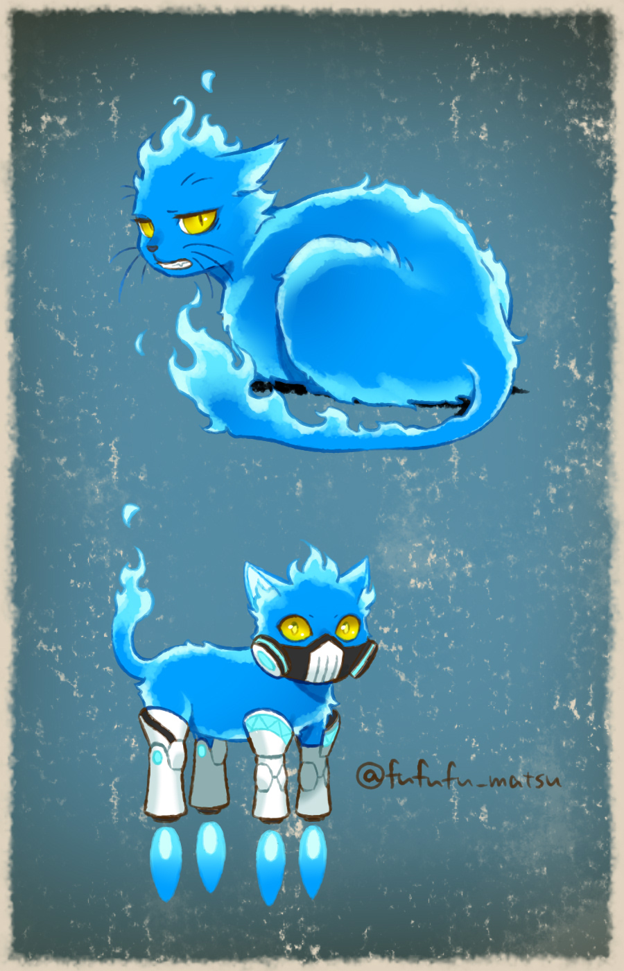 animal animalization blue_background blue_fire brothers cat commentary_request fire fire_body full_body funuyu highres idia_shroud looking_at_viewer mask mechanical_legs no_humans ortho_shroud respirator siblings twisted_wonderland yellow_eyes