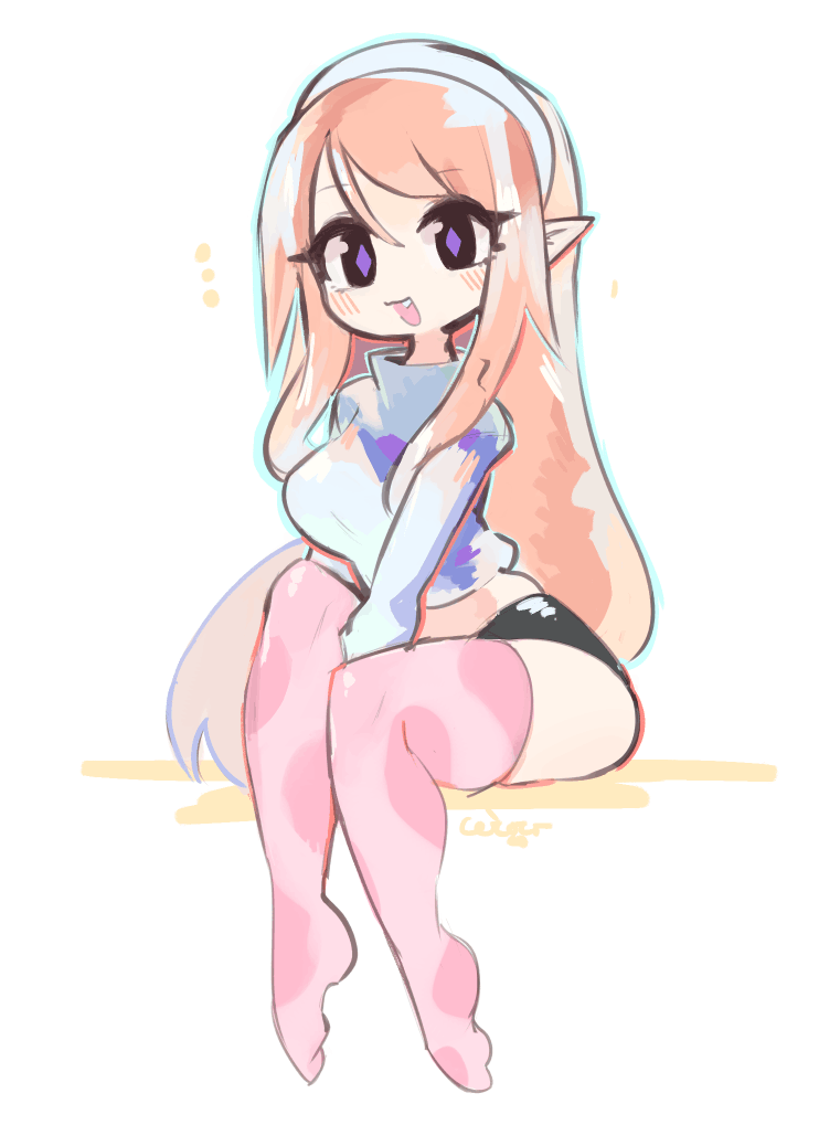 1girl :3 :d between_legs blush breasts brown_eyes ceroro character_request copyright_request diamond-shaped_pupils diamond_(shape) fang full_body hand_between_legs large_breasts long_hair looking_at_viewer midriff open_mouth pink_hair pink_thighhighs pointy_ears polka_dot polka_dot_legwear purple_pupils sidelocks signature simple_background sitting skindentation smile solo sweater symbol-shaped_pupils thighhighs turtleneck very_long_hair white_background white_sweater