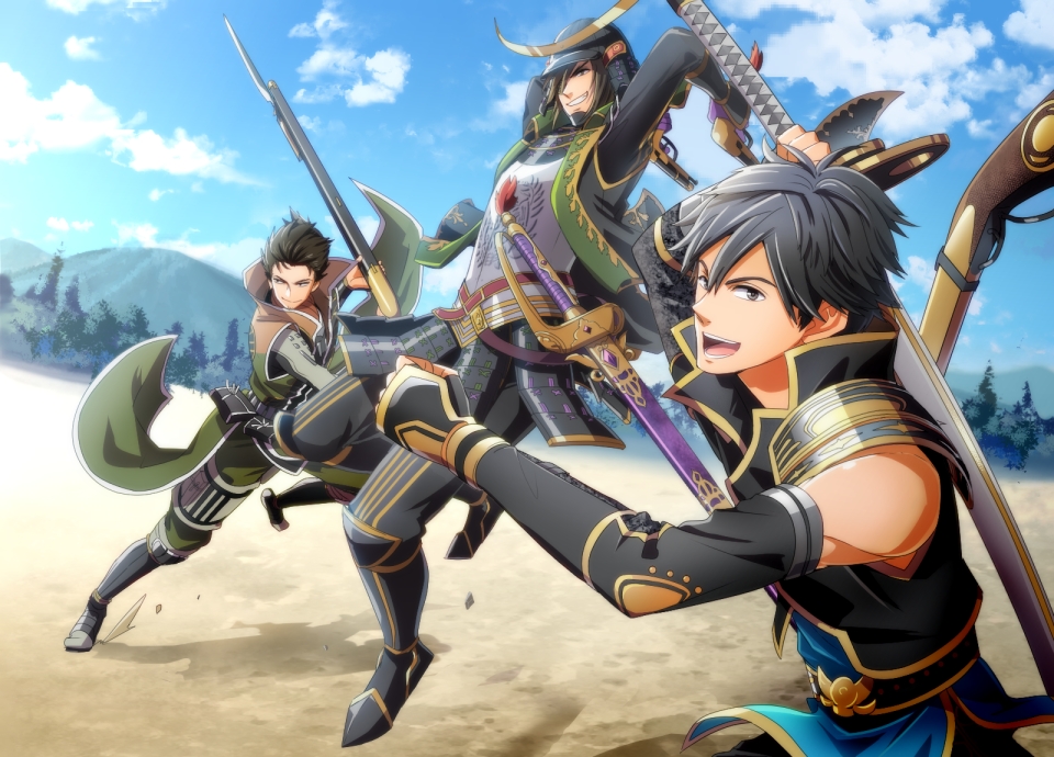 armor armored_boots black_hair boots brown_eyes coat date_masamune date_masamune_(sengoku_musou) detached_sleeves eyepatch gun handgun helmet high_collar japanese_clothes kajiwara_io musket pistol protagonist_(sengoku_musou_chronicle) saika_magoichi sengoku_musou sengoku_musou_chronicle smile sword weapon