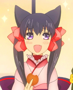 1girl animal_ears animated animated_gif anime_screenshot bow cookie fang female_focus food fox_ears hair_bow hair_ribbon japanese_clothes kimono lowres otome_youkai_zakuro purple_eyes ribbon solo twintails zakuro zakuro_(otome_youkai_zakuro)