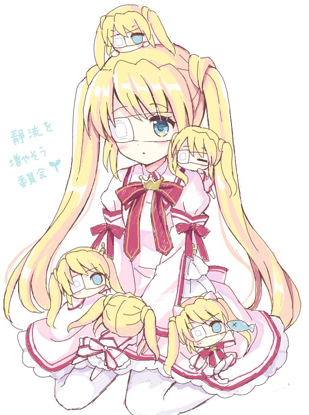 1girl animal_ears blonde_hair blue_eyes blush cat_ears chibi chibi_inset chibi_on_head chibi_on_shoulder commentary_request crown dress eyepatch fish frilled_dress frilled_sleeves frills hair_between_eyes hoshimame_mana juliet_sleeves kazamatsuri_institute_high_school_uniform knees_out_of_frame long_hair long_sleeves looking_down mini_crown multiple_persona nakatsu_shizuru on_head one_eye_covered parted_lips pink_dress puffy_sleeves red_ribbon rewrite ribbon school_uniform sidelocks simple_background sketch solo straight_hair translation_request twintails very_long_hair white_background wide_sleeves