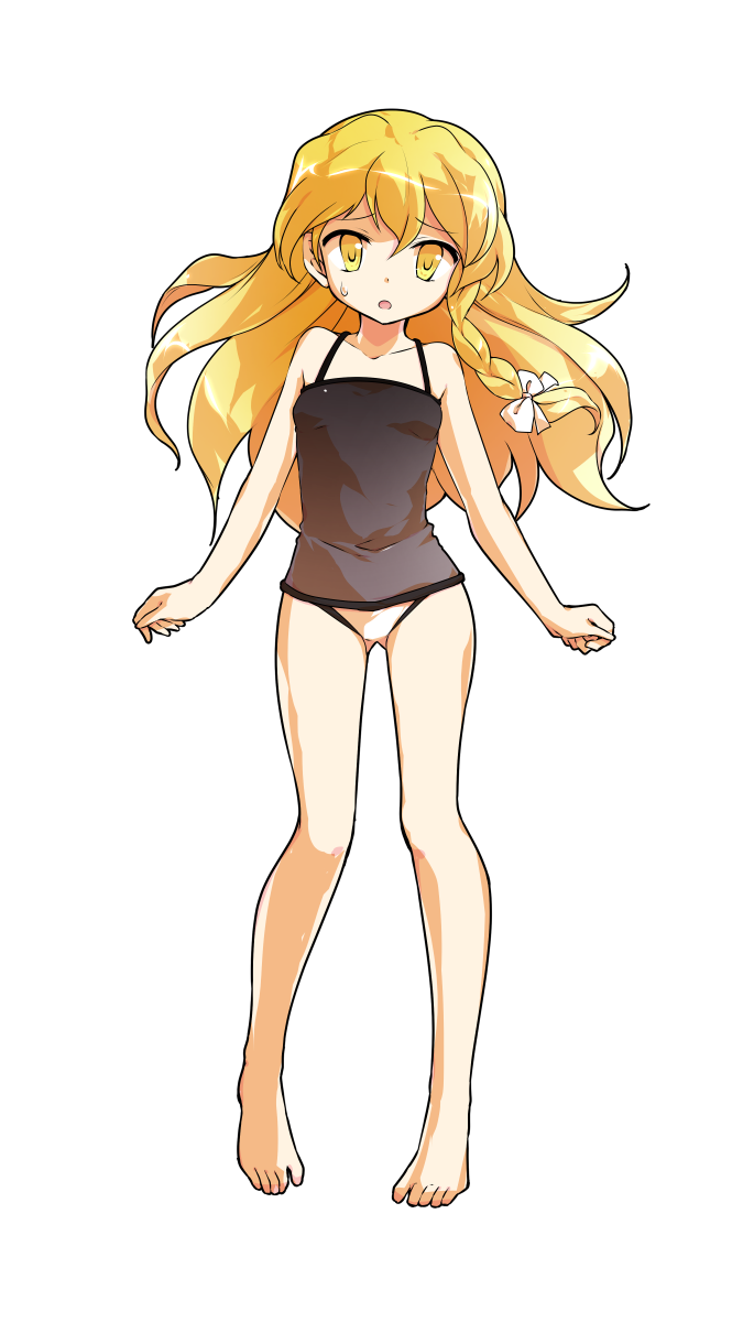 1girl alphes_(style) bare_arms bare_legs bare_shoulders barefoot black_one-piece_swimsuit blonde_hair braid breasts casual_one-piece_swimsuit collarbone commentary_request dairi full_body gluteal_fold hair_between_eyes highres kirisame_marisa looking_at_viewer one-piece_swimsuit open_mouth parody side_braid silent_sinner_in_blue single_braid small_breasts small_sweatdrop solo standing straight-on style_parody swimsuit tachi-e touhou touhou_bougetsushou transparent_background yellow_eyes