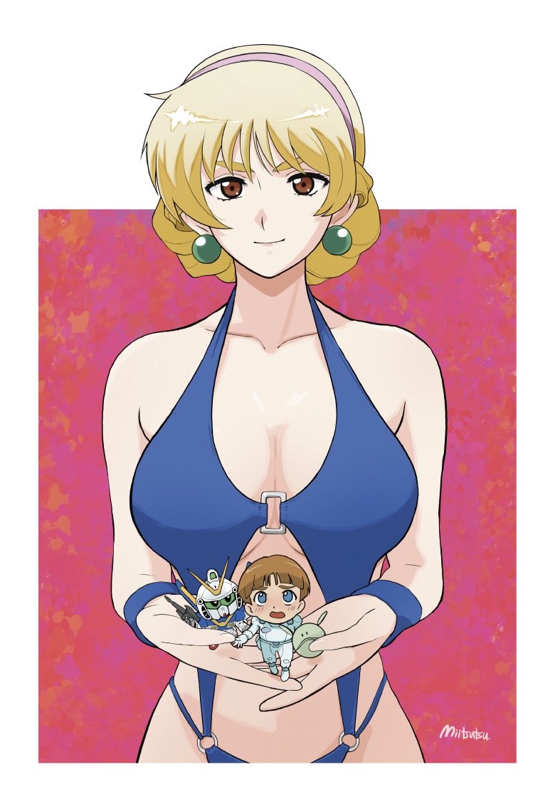 1boy 1girl artist_name bare_shoulders beam_rifle bikini blonde_hair blue_bikini blue_eyes bodysuit border bowl_cut breasts brown_eyes brown_hair chibi closed_mouth commentary_request earrings energy_gun gun gundam hairband haro holding holding_gun holding_weapon in_palm jewelry katejina_loos large_breasts linked_bikini mecha_pilot_suit mitsutsu322 normal_suit_(gundam) o-ring o-ring_bikini open_mouth outside_border pink_hairband sd_gundam short_hair smile spacesuit sphere_earrings straight-on swimsuit uso_ewin v-fin v2_gundam victory_gundam weapon white_bodysuit white_border
