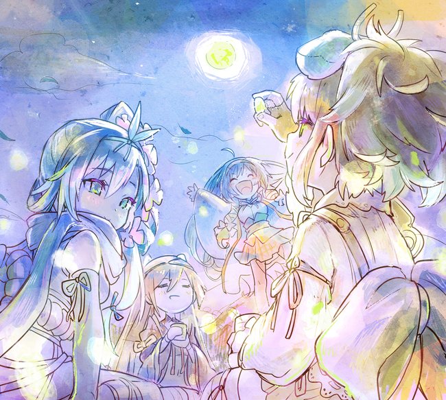 4girls ahoge arm_support arm_up arm_warmers back_bow black_hair blue_eyes blue_hair bow bow_hairband candy closed_eyes closed_mouth cup flower food fukube full_moon hair_flower hair_ornament hairband high_ponytail holding holding_cup holding_food hotarumaru_kunitoshi konpeitou kousetsu_samonji_(tenka_hyakken) kuji_kanesada_(tenka_hyakken) light_blue_hair long_sleeves monohoshizao_(tenka_hyakken) moon multiple_girls night night_sky obi open_mouth pale_color ponytail sash scarf shoulder_ribbon side_ponytail sidelocks sitting skirt sky sleeveless smile standing tenka_hyakken wide_sleeves yunomi