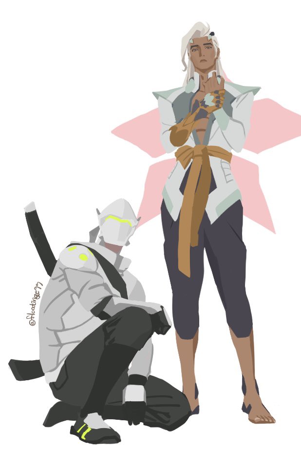 2boys arm_on_knee arms_up barefoot black_gloves black_pants brown_eyes brown_sash closed_mouth collared_shirt commentary_request cyborg dark-skinned_male dark_skin floatinge99 full_body genji_(overwatch) gloves green_visor grey_shirt hand_on_own_wrist kneeling korean_commentary lifeweaver_(overwatch) long_hair long_sleeves looking_at_viewer multiple_boys open_clothes open_shirt overwatch overwatch_2 pants parted_lips pink_wings popped_collar prosthesis prosthetic_arm sash shirt simple_background sword sword_on_back twitter_username weapon weapon_on_back white_background white_hair white_shirt wings