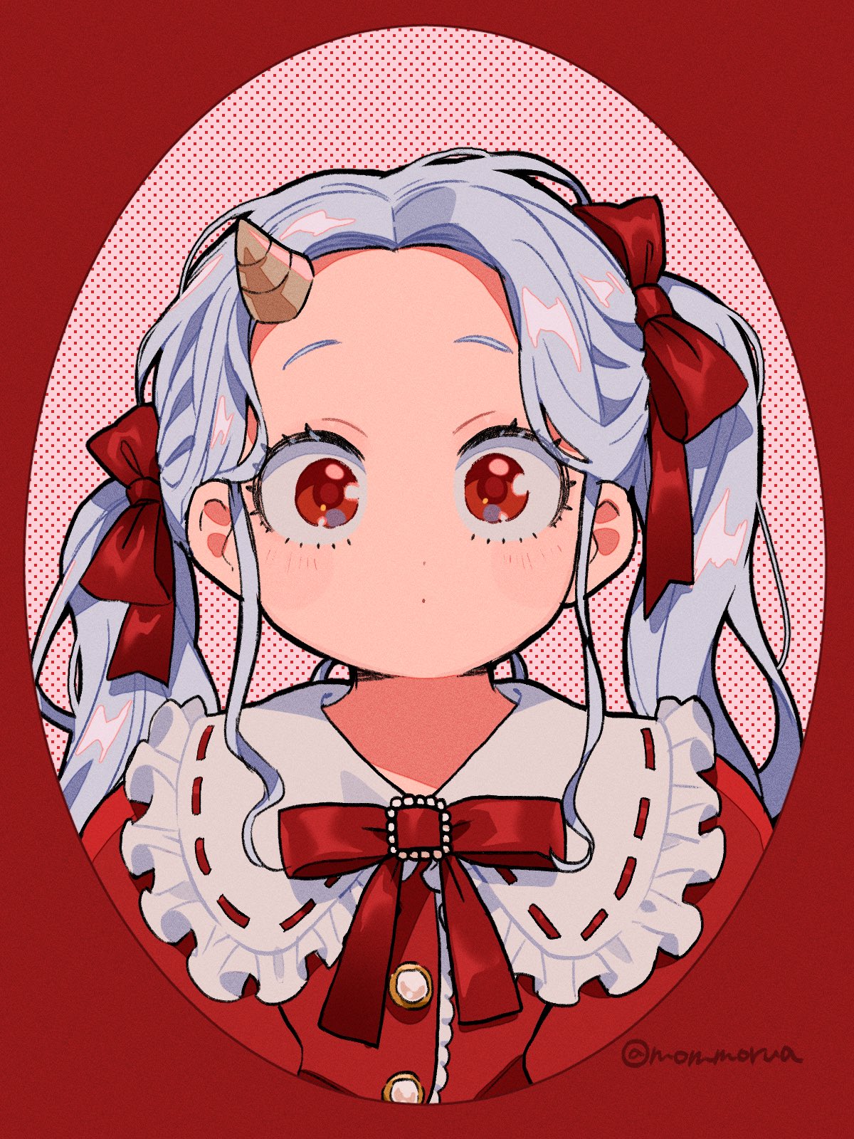 1girl boku_no_hero_academia dress eri_(boku_no_hero_academia) grey_hair hair_ribbon highres horns long_hair looking_at_viewer mommorua red_dress red_eyes red_ribbon ribbon single_horn solo twintails