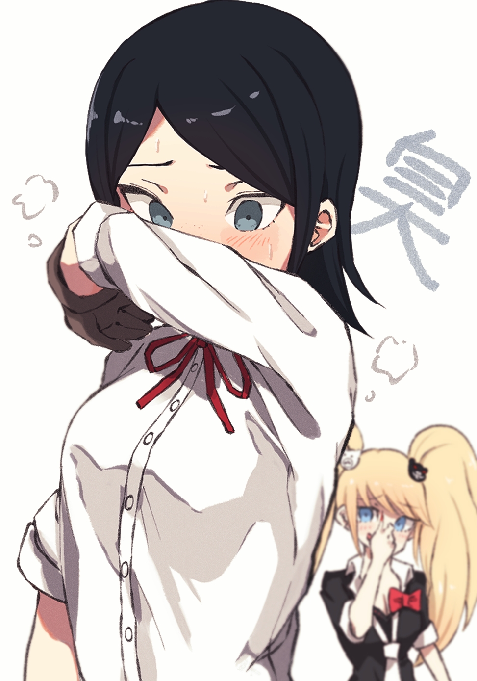 2girls bababaeki00 bear_hair_ornament black_hair blonde_hair blue_eyes blush bow breasts brown_gloves cleavage covering_nose danganronpa:_trigger_happy_havoc danganronpa_(series) enoshima_junko eyebrows eyelashes freckles gloves hair_ornament ikusaba_mukuro japanese_text long_hair multiple_girls neck_ribbon parted_bangs red_bow red_ribbon ribbon shirt siblings simple_background sisters smell smelling smelling_clothes twins twintails white_background white_shirt