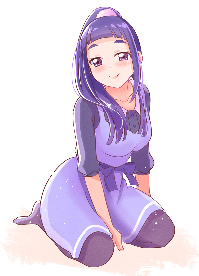 1girl black_shirt black_thighhighs blush closed_mouth dress izayoi_liko kneeling long_hair mahou_girls_precure! mitumi_mira pink_eyes ponytail precure purple_dress purple_hair shirt sleeveless sleeveless_dress solo thighhighs