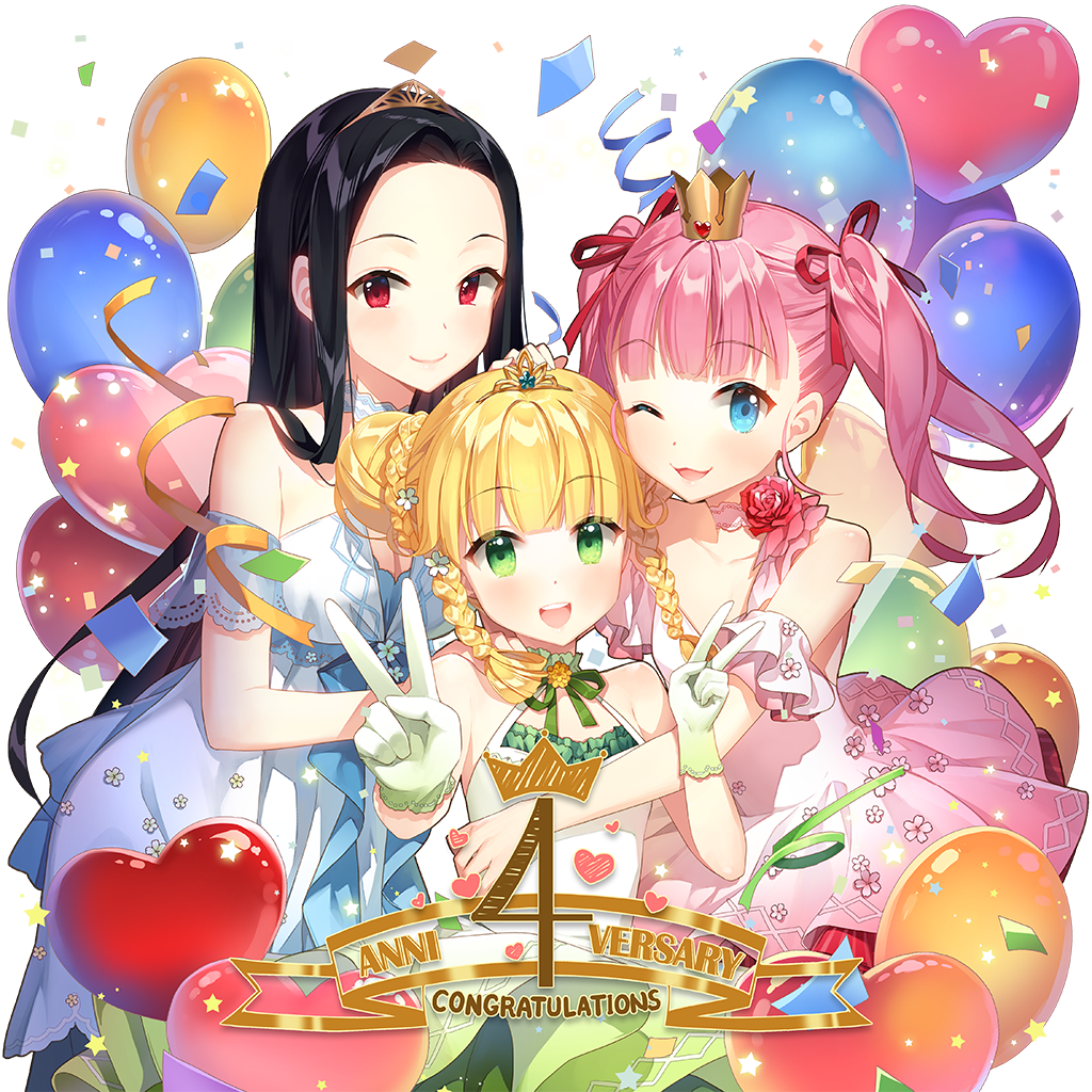 3girls :d ;d akane_garnet anniversary artist_name bag ball balloon bare_shoulders black_hair blonde_hair blue_dress blue_eyes blue_ribbon blunt_bangs blush bow braid breasts brown_hair cake choker clarice_lapis cleavage closed_mouth collarbone confetti copyright_name crown dress earrings elbow_gloves emerald flower food frills fruit girl_sandwich gloves green_dress green_eyes green_gloves hair_bow hair_flower hair_ornament hair_ribbon hand_on_another&#039;s_shoulder heart index_finger_raised jewelry long_hair looking_at_viewer macaron medium_breasts mini_crown multiple_girls necklace one_eye_closed open_mouth orange_flower party_popper pennant petals pink_dress pink_gloves pink_hair pink_ribbon red_eyes red_flower red_rose ribbon rose salt_(salty) sandwiched sapphire_emerald short_hair side_ponytail sidelocks sleeveless sleeveless_dress small_breasts smile sparkle star_(symbol) strapless strapless_dress strawberry string_of_flags twintails two_side_up uchi_no_hime-sama_ga_ichiban_kawaii v very_long_hair w white_background white_dress white_gloves yellow_gloves