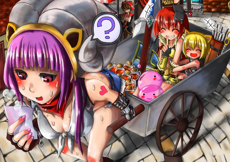+++ 1boy 3girls :3 ? alice_(afternoon_gleam) animal animal_ears animal_on_head arrow_(projectile) axe bad_source bandana black_cat black_gloves blacksmith_(ragnarok_online) blonde_hair blunt_bangs breasts cat cat_ears cat_on_head closed_eyes cobblestone commentary_request dated_commentary fake_animal_ears fingerless_gloves foreshortening gloves grin hat heart heart_tattoo index_finger_raised large_breasts leaning_forward long_hair multiple_girls novice_(ragnarok_online) on_head open_mouth outdoors poring potion priest_(ragnarok_online) pullcart purple_hair quiver ragnarok_online red_bandana red_hair red_hat ringed_eyes shield shirt short_hair shoulder_tattoo sitting slime_(creature) smile sniper_(ragnarok_online) spoken_question_mark sweat tattoo tied_shirt white_shirt