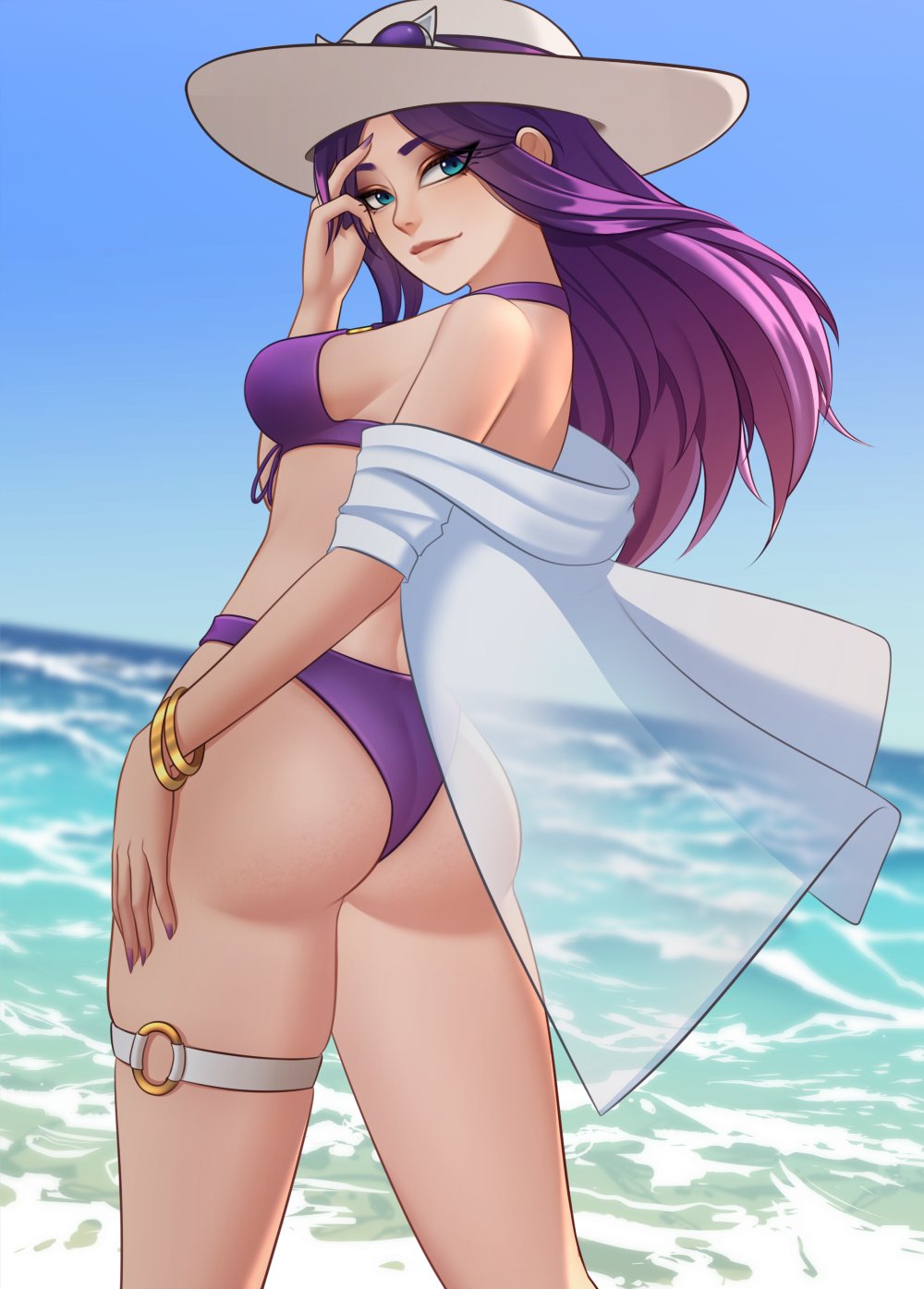1girl ass bikini breasts caitlyn_(league_of_legends) day eyewear_on_headwear hat highres jewelry league_of_legends long_hair looking_at_viewer o-ring ocean open_clothes outdoors pool_party_(league_of_legends) pool_party_caitlyn purple_bikini purple_hair shinchiiart sideboob smile solo sun_hat sunglasses swimsuit water