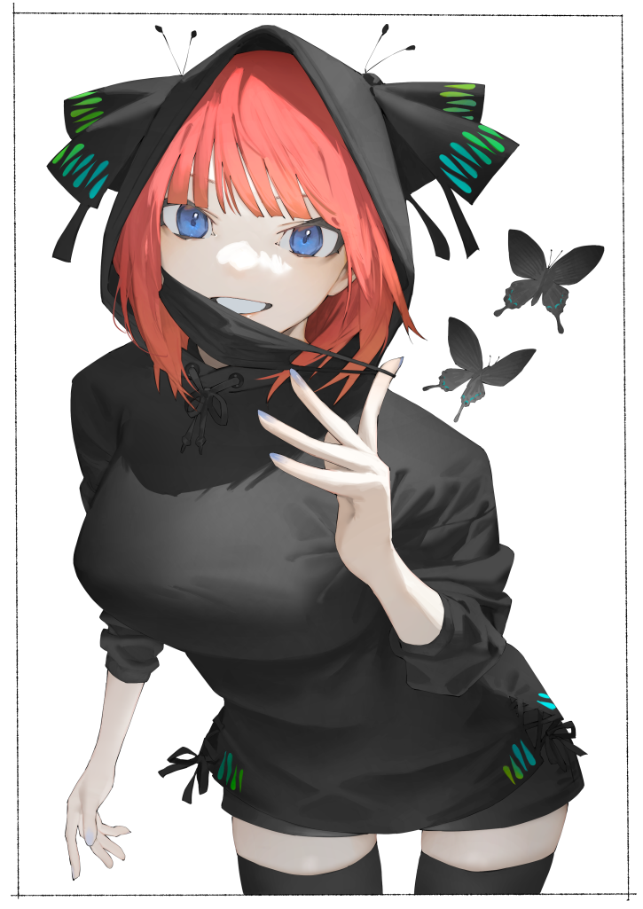 1girl alternate_costume black_border black_mask black_shirt black_thighhighs blue_eyes border breasts bug butterfly go-toubun_no_hanayome grin hooded_shirt insect large_breasts leaning_forward long_sleeves looking_at_viewer mask mask_pull medium_hair mi8pq mouth_mask nakano_nino red_hair shirt simple_background smile solo thighhighs white_background zettai_ryouiki