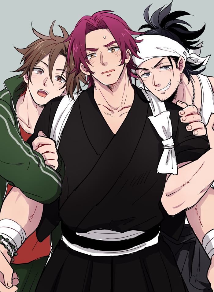 10s 3boys 50yen_(gojiue) arm_hug bandana black_hair boy_sandwich brown_eyes brown_hair facial_hair grey_eyes grin japanese_clothes long_sideburns male_focus md5_mismatch multiple_boys nihongou_(touken_ranbu) open_mouth otegine red_hair sandwiched sideburns smile stubble tonbokiri_(touken_ranbu) touken_ranbu yellow_eyes