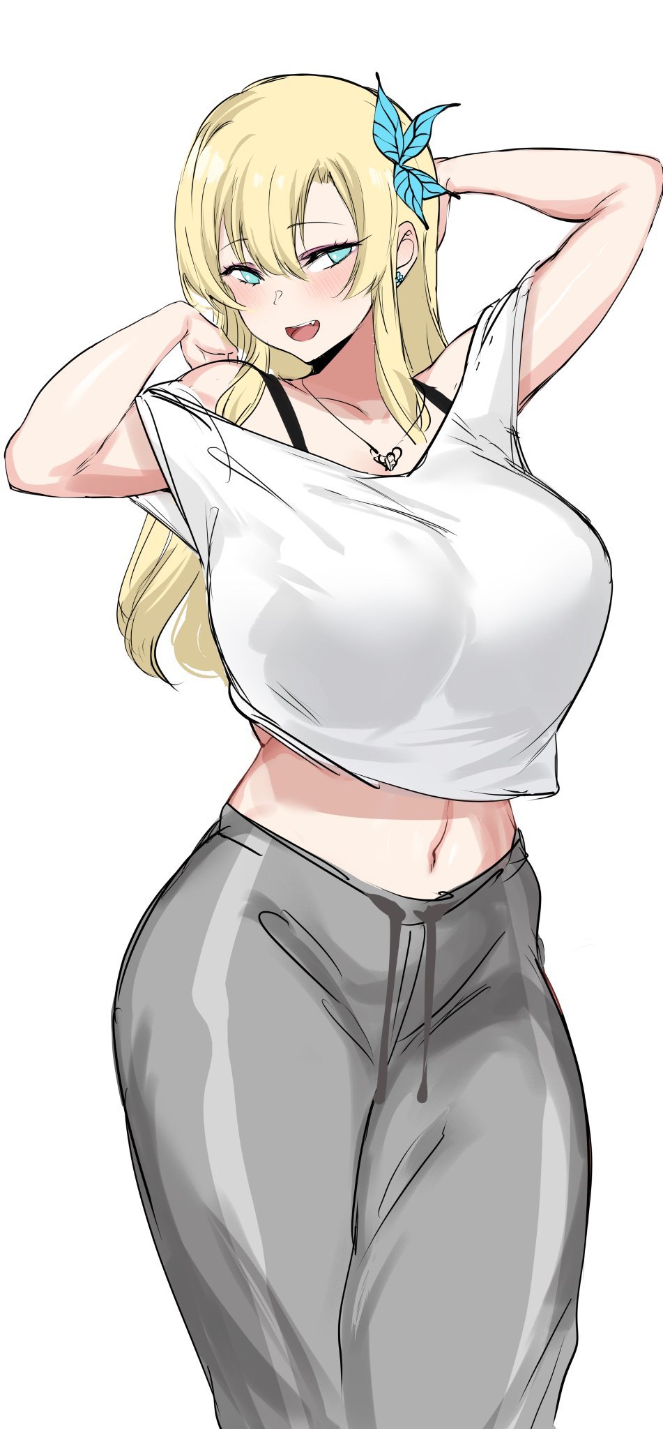 1girl :d agetama alternate_costume bare_shoulders blonde_hair blush boku_wa_tomodachi_ga_sukunai breasts butterfly_hair_ornament fang feet_out_of_frame grey_eyes grey_pants hair_ornament highres huge_breasts kashiwazaki_sena long_hair open_mouth pants shirt short_sleeves smile solo stomach white_shirt