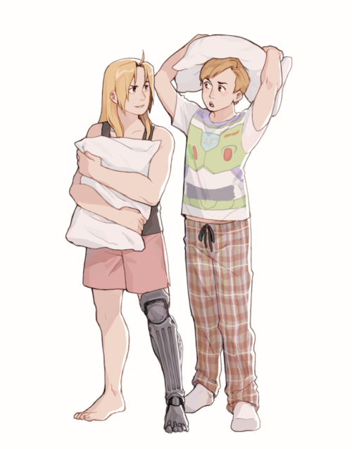 2boys alphonse_elric automail barefoot black_shirt blonde_hair brothers buzz_lightyear commentary disney edward_elric full_body fullmetal_alchemist image_sample long_hair looking_at_viewer male_focus multiple_boys open_mouth pants pillow pixar shirt short_hair shorts siblings simple_background sleeveless smile socks standing toy_story tumblr_sample white_background white_shirt
