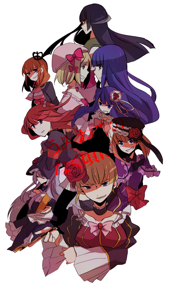 07th_expansion 6+girls anko_(kirikiri) bad_id bad_pixiv_id beatrice_(umineko) blonde_hair blue_eyes blue_hair brown_hair crown dress eva_beatrice featherine_augustus_aurora flower frederica_bernkastel furudo_erika grin hair_bobbles hair_flower hair_ornament hat kiseru lambdadelta long_hair maria_(umineko) multiple_girls no_naku_koro_ni_(series) smoking_pipe red_hair ribbon short_hair silver_hair smile twintails umineko_no_naku_koro_ni ushiromiya_ange virgilia_(umineko)