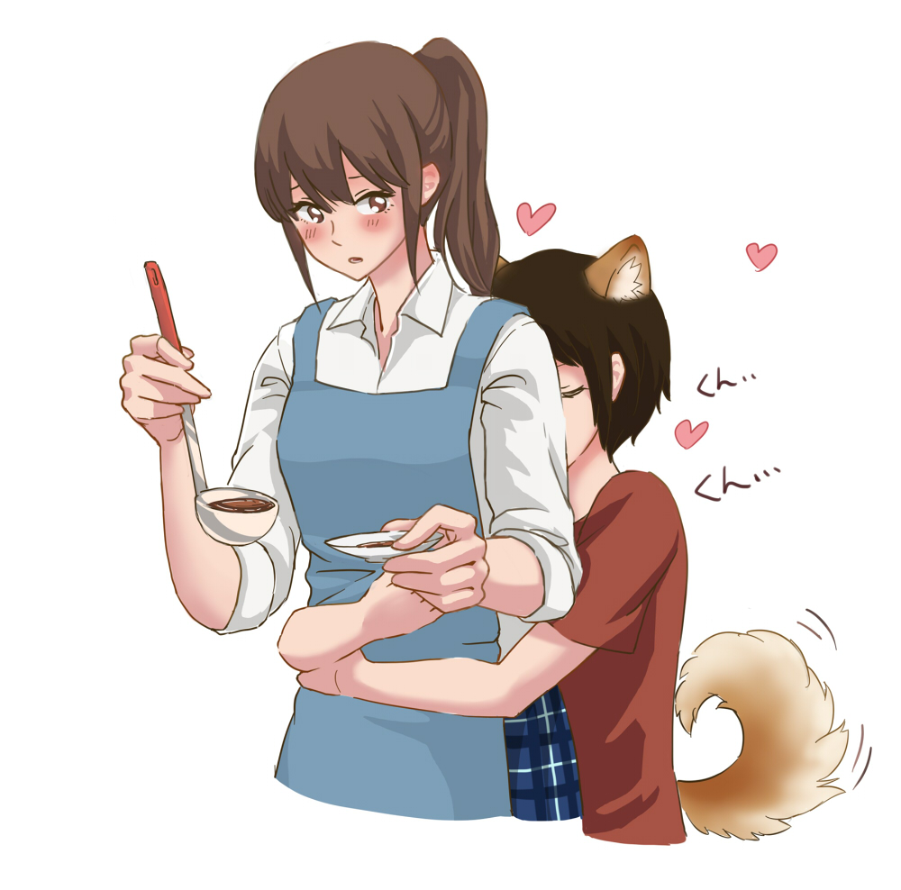 2girls animal_ears apron black_hair blush brown_hair closed_eyes commentary_request cooking cropped_torso dog_ears dog_tail heart height_difference holding hug hug_from_behind kemonomimi_mode kiss kissing_back komano_hina ladle long_hair multiple_girls okujou_no_yurirei-san open_mouth rin.hayashiki short_hair short_sleeves simple_background sleeves_rolled_up tail toomi_yuna white_background yuri