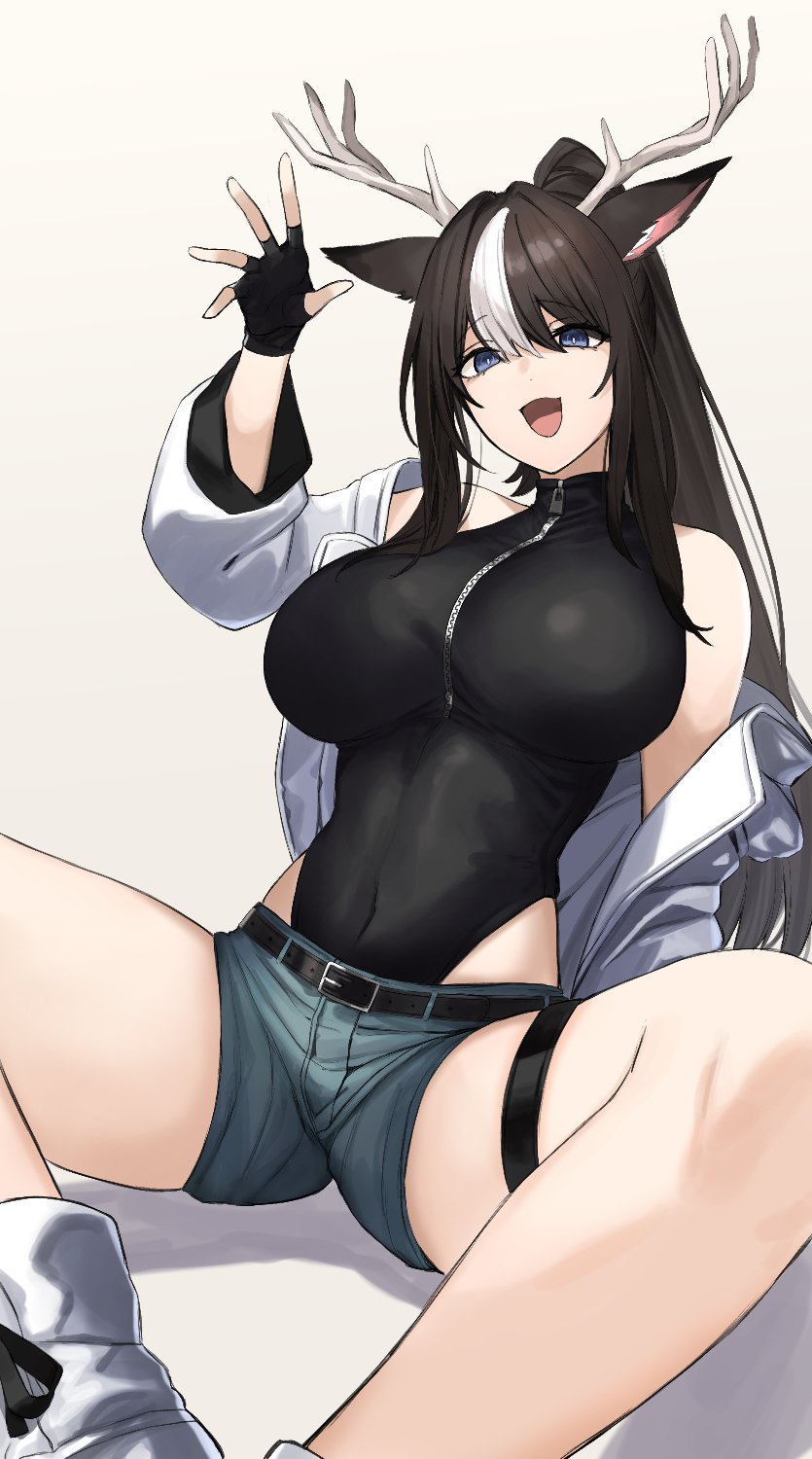 1girl akris_(deer_chang) animal_ears antlers bare_shoulders black_gloves black_hair black_leotard blue_eyes blue_shorts breasts commentary_request commission deer_antlers deer_ears deer_girl fingerless_gloves ganesagi gloves grey_background hand_up heattech_leotard highres horns jacket large_breasts leotard long_hair looking_at_viewer multicolored_hair off_shoulder open_clothes open_jacket open_mouth original ponytail shorts simple_background skeb_commission sleeveless_turtleneck_leotard solo streaked_hair thigh_strap thighs turtleneck white_hair white_jacket