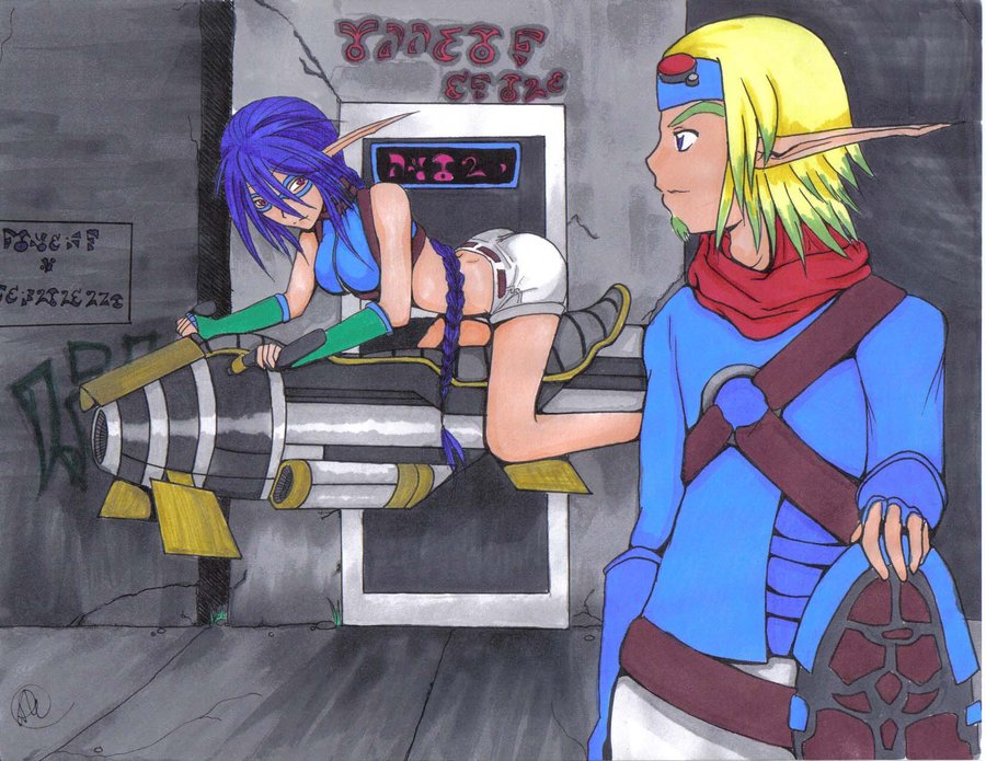 .:suri:. 1boy 1girl blonde_hair blue_eyes blue_hair braid breasts crop_top elbow_gloves elf facial_hair fingerless_gloves gloves goatee goggles headband hover hover_bike jak_&amp;_daxter jak_(jak_&amp;_daxter) jak_(jak_and_daxter) jak_and_daxter jak_ii long_hair midriff pointy_ears red_eyes riding self-upload short_hair shorts single_braid traditional_media turtleneck very_long_hair