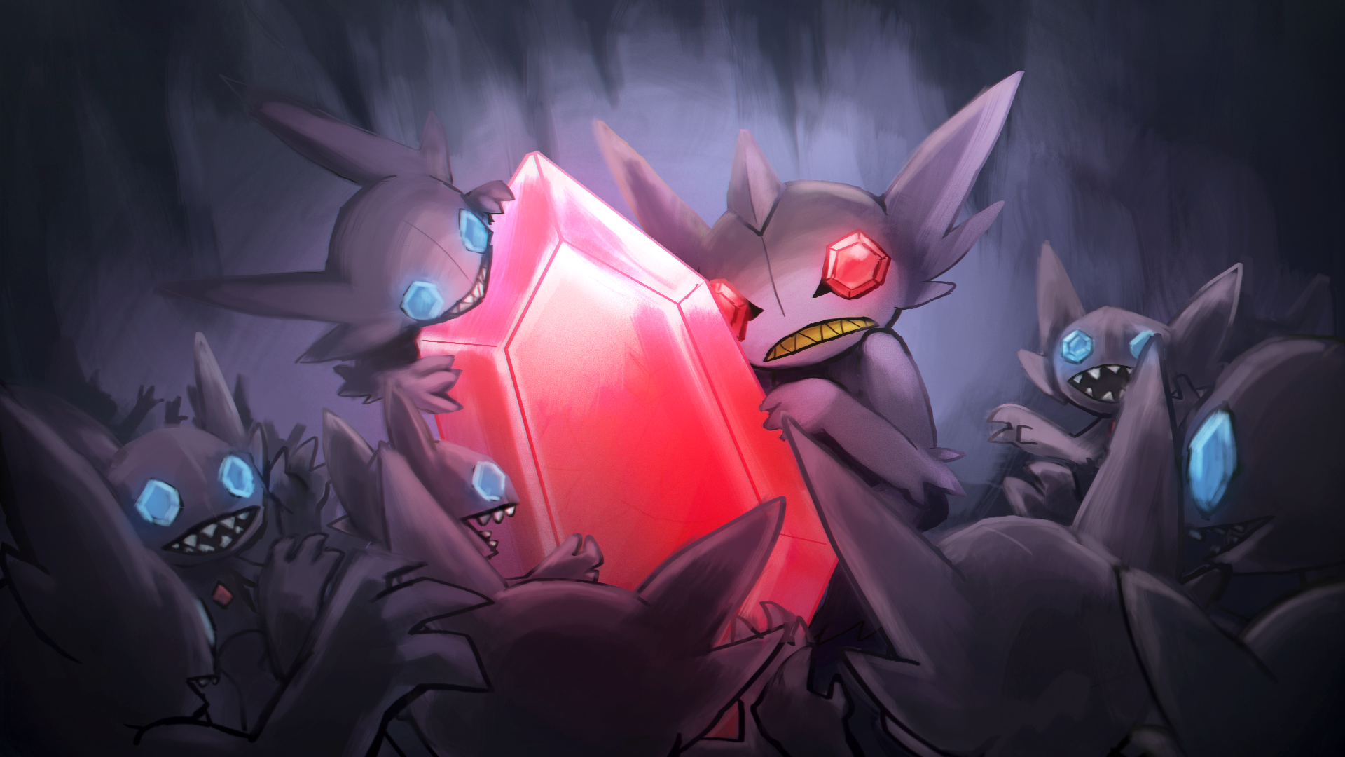 blue_eyes commentary creature dark english_commentary foxeaf frown gem gen_3_pokemon grin highres mega_pokemon mega_sableye nintendo no_humans pokemon pokemon_(creature) red_eyes sableye smile