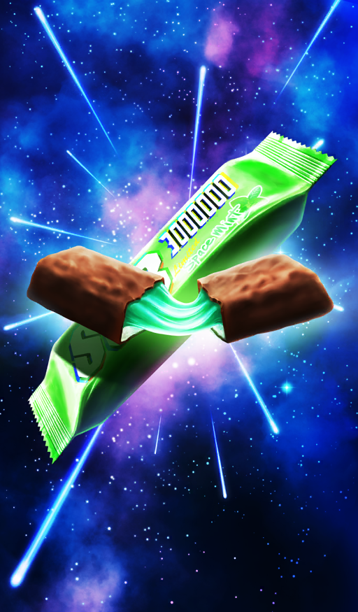 blue_background broken candy candy_bar candy_wrapper chocolate commentary english_text fate/grand_order fate_(series) food food_focus food_trail galaxy kanbara_makoto mint no_humans official_art space star_(sky) starry_sky_background still_life third-party_source