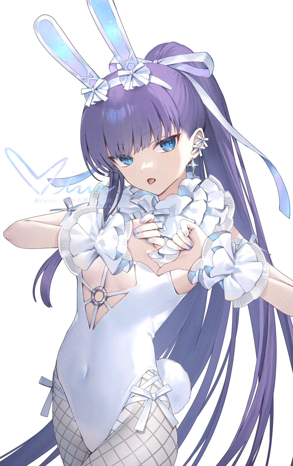 1girl animal_ears bare_shoulders blue_eyes breasts collar detached_collar earrings fake_animal_ears fake_tail fate/grand_order fate_(series) fishnet_pantyhose fishnets frilled_collar frills hair_ribbon highleg highleg_leotard highres jewelry leotard long_hair looking_at_viewer meltryllis_(fate) open_mouth pantyhose playboy_bunny ponytail purple_hair rabbit_ears rabbit_tail revision ribbon siiqa_vivi small_breasts solo tail very_long_hair white_leotard white_pantyhose white_ribbon wrist_cuffs