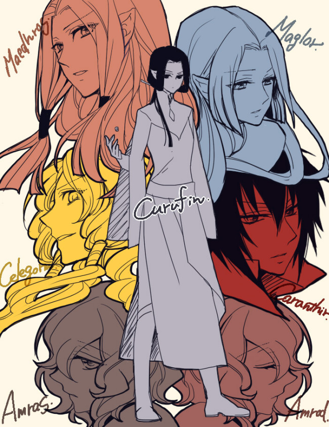 6+boys amras amrod brothers caranthir celegorm character_name closed_mouth collar curufin elf eyebrows_hidden_by_hair eyelashes eyes_visible_through_hair floating_hair full_body hair_between_eyes head_only long_hair looking_at_viewer maedhros maglor male_focus monochrome multiple_boys parted_bangs parted_lips pointy_ears prince ryuki_rumiya siblings the_silmarillion tolkien&#039;s_legendarium twins
