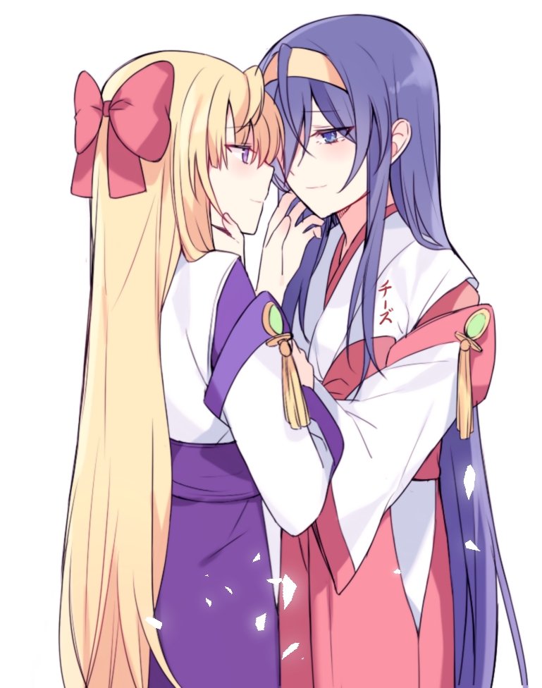 2girls bad_id bad_pixiv_id blonde_hair blue_eyes blue_hair blush bow chi_zu_crazy eye_contact face-to-face hair_bow hair_over_one_eye hairband hand_on_another&#039;s_face himemiya_chikane japanese_clothes kannazuki_no_miko kurusugawa_himeko long_hair long_sleeves looking_at_another miko multiple_girls purple_eyes red_bow smile tearing_up very_long_hair white_background wide_sleeves yellow_hairband yuri