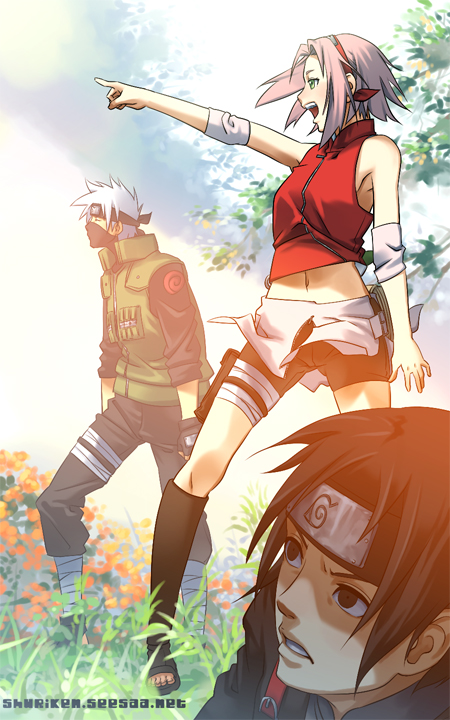 1girl 2boys :d @_(shuriken_fighter) bare_shoulders bike_shorts blue_sky brown_hair covered_mouth day expressionless field forehead_protector grass haruno_sakura hatake_kakashi headband logo long_sleeves multiple_boys naruto_(series) naruto_shippuuden navel open_mouth outstretched_arm pink_hair plant pocket sai shaded_face short_hair shorts shuriken_(artist) sky smile sunlight vest