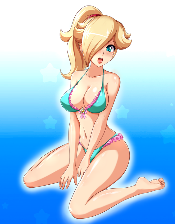 1girl barefoot bikini blonde_hair blue_background blue_bikini blue_eyes blush bow breasts cleavage collarbone gradient_background hair_over_one_eye hands_between_legs kneeling lace lace-trimmed_bikini lace_trim large_breasts long_hair looking_at_viewer mario_(series) navel nintendo open_mouth ponytail princess rosalina sigurd_hosenfeld smile star_(symbol) star_symbol_background super_mario_galaxy swimsuit two-tone_background white_background