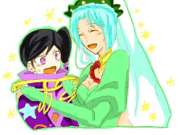 1boy 1girl aqua_hair black_hair blush braid breasts choker cleavage cloak dress closed_eyes grune_(tales) jay_(tales) jewelry necklace open_mouth purple_eyes short_hair side_ponytail tales_of_(series) tales_of_legendia veil