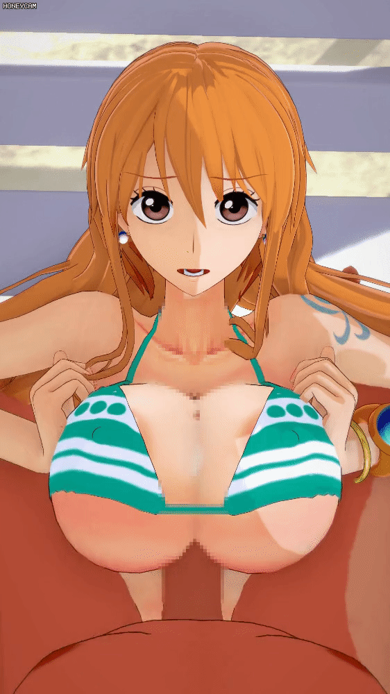 1boy 1girl 3d animated animated_gif beach bra breasts breasts_squeezed_together brown_eyes censored dark-skinned_male dark_skin earrings erection faceless faceless_male green_bra hand_on_own_chest hetero jewelry large_breasts long_hair looking_at_viewer nami_(one_piece) one_piece open_mouth orange_hair paizuri paizuri_under_clothes penis pov rubbing tattoo ugoira underwear