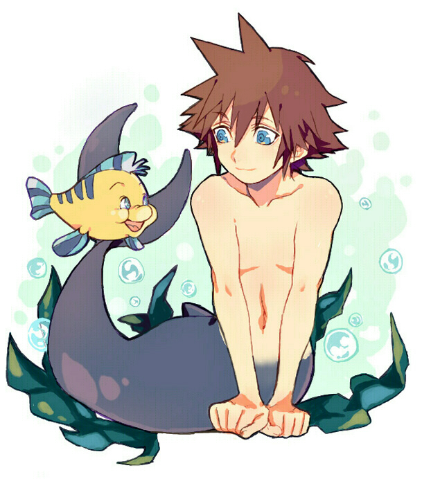 1boy air_bubble alternate_species animo_(3895952) bad_id bad_pixiv_id blue_eyes brown_hair bubble flounder_(the_little_mermaid) full_body kingdom_hearts looking_at_another male_focus merman monster_boy monsterification own_hands_together seaweed short_hair smile sora_(kingdom_hearts) spiked_hair the_little_mermaid_(disney) topless_male underwater