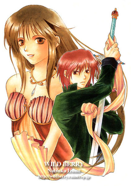 1990s_(style) 1boy 1girl arm_up artist_name bad_id breasts brown_eyes brown_hair commentary_request cropped_torso crystal dress green_jacket grin hands_up high_collar holding holding_sword holding_weapon izumi_natsuka jacket jewelry long_hair long_sleeves looking_at_viewer looking_to_the_side necklace original pendant red_dress red_hair retro_artstyle short_hair sidelocks smile sword traditional_media upper_body weapon white_background