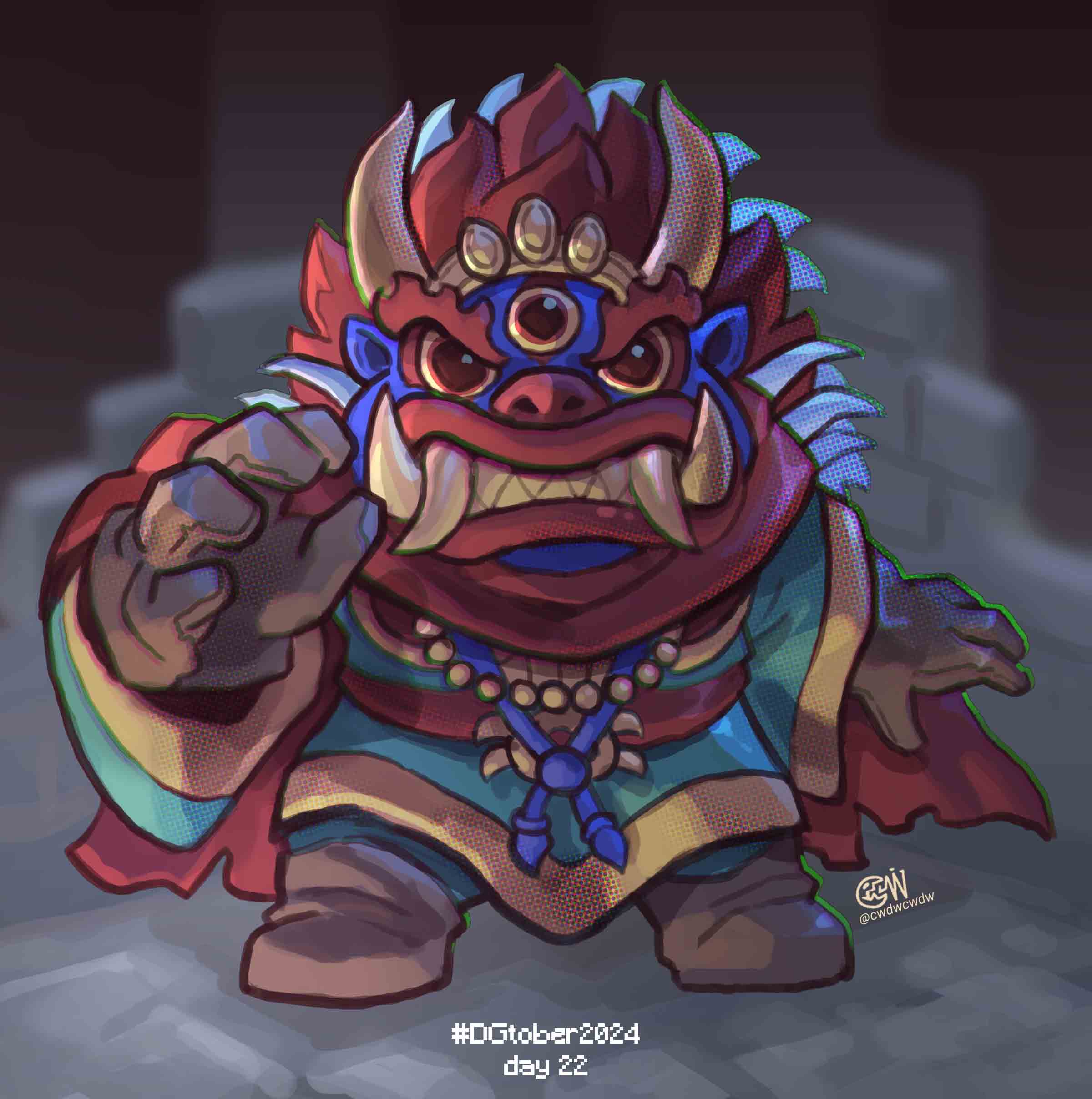 absurdres baromon blue_skin brown_gloves chibi colored_skin cwdw digimon digimon_(creature) fangs full_body gloves highres sharp_teeth solo teeth
