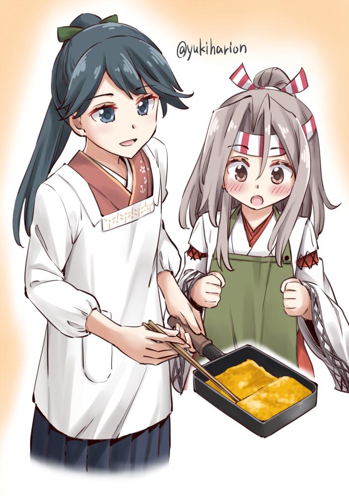 2girls :d :o apron blue_hair blush brown_eyes brown_hair chopsticks commentary_request cooking eyebrows_visible_through_headband frying_pan green_apron hachimaki hakama hakama_skirt headband high_ponytail holding holding_chopsticks holding_frying_pan houshou_(kancolle) japanese_clothes kantai_collection kappougi kimono long_hair multiple_girls one-hour_drawing_challenge open_mouth ponytail skirt smile twitter_username yukiharu zuihou_(kancolle)