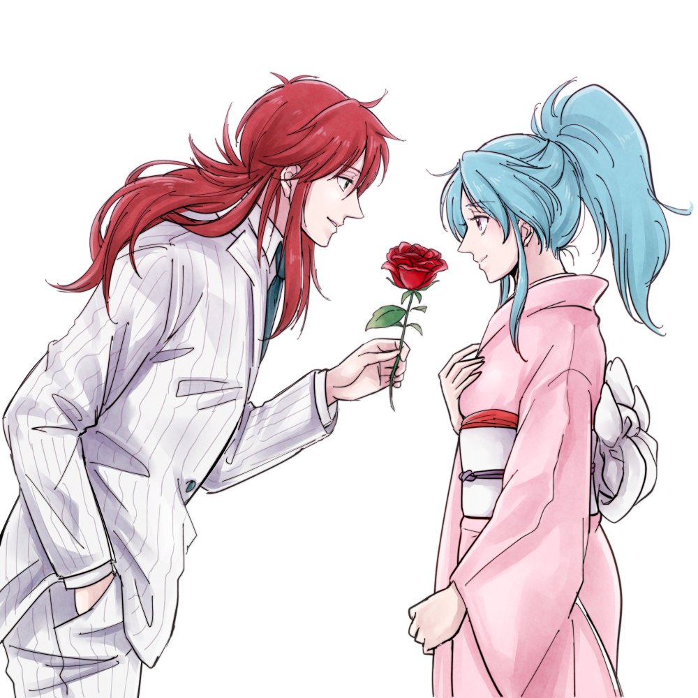 1boy 1girl aqua_hair botan_(yu_yu_hakusho) commentary_request flower high_ponytail holding holding_flower jacket japanese_clothes kimono kurama_(yu_yu_hakusho) obi pink_kimono ponytail red_flower red_hair red_rose rose sash sidelocks simple_background striped_clothes vertical-striped_clothes white_background white_jacket yuri_kohi yuu_yuu_hakusho