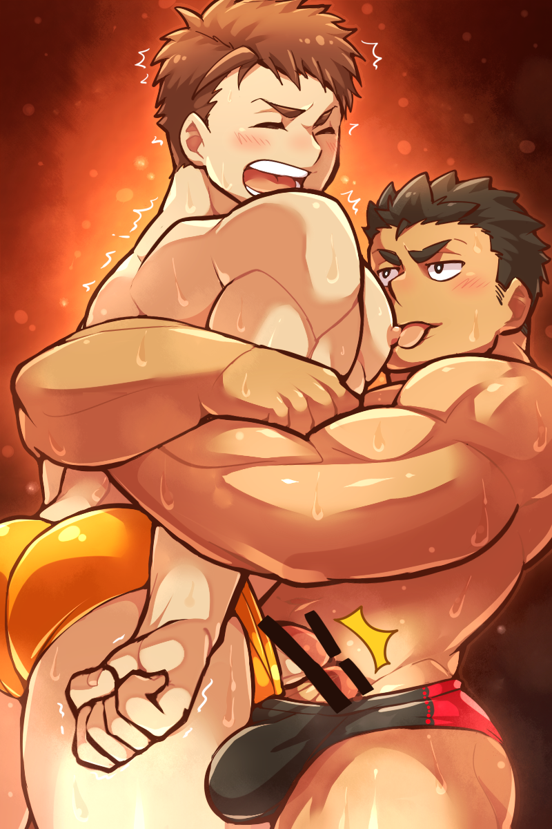 2boys aopanda ass bar_censor bara black_hair black_male_underwear blush brown_hair bulge censored closed_eyes erection highres large_pectorals licking licking_nipple looking_at_another male_focus male_underwear multiple_boys muscular muscular_male nipple_stimulation open_mouth orange_male_underwear original pectorals penis short_hair thick_thighs thighs tongue tongue_out underwear yaoi