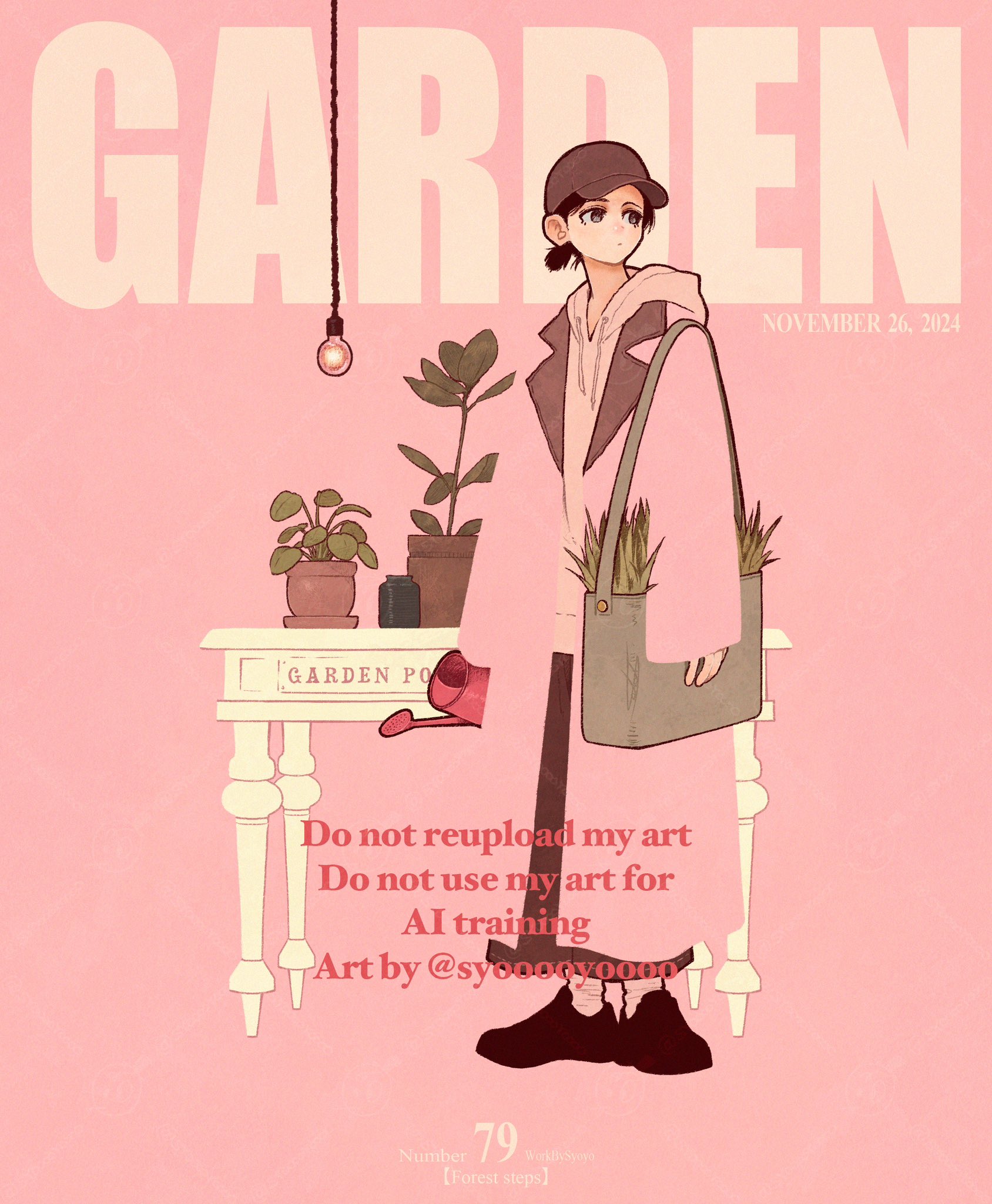 1girl bag black_hair black_shoes blending brown_hat coat dated drawstring english_text grass grey_bag hat highres hood hood_down leaf light_bulb original pink_background pink_coat pink_socks plant potted_plant shoes short_hair shoulder_bag sleeves_past_wrists socks solo standing syooooyoooo table
