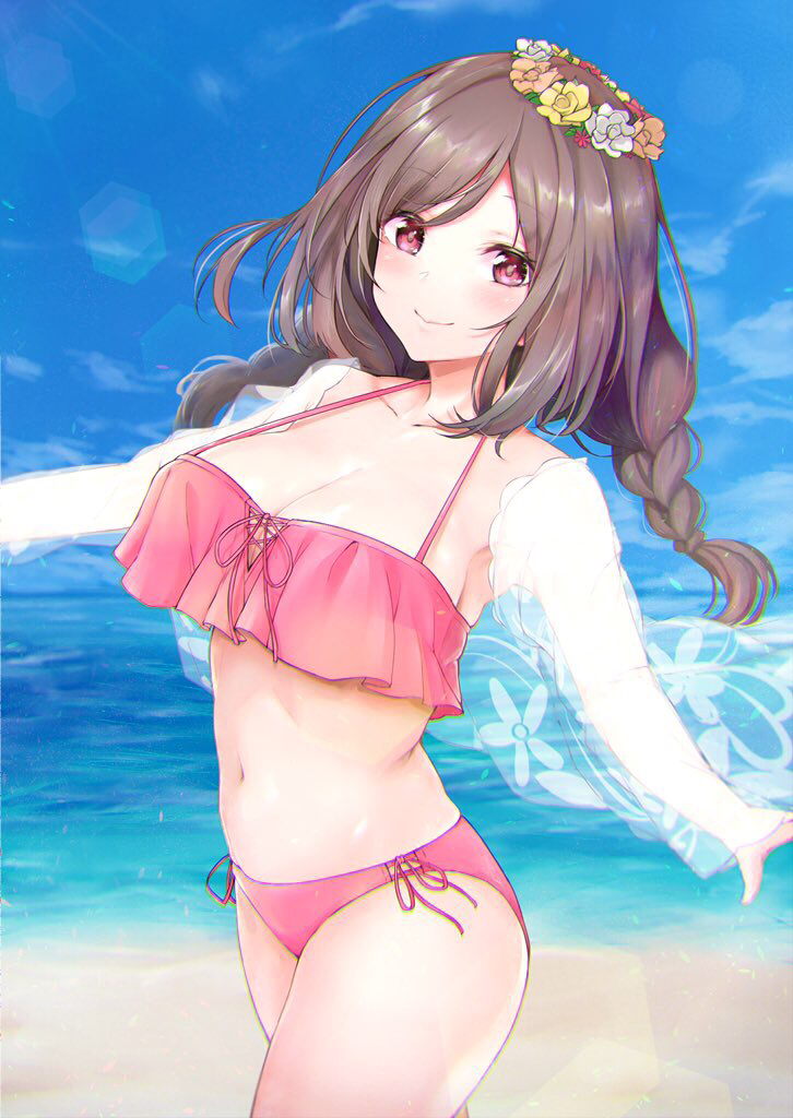 1girl beach bikini blue_sky braid breasts brown_hair cleavage day foifoi_(marfoyfoyfoy) front-tie_bikini_top front-tie_top head_wreath idolmaster idolmaster_shiny_colors large_breasts lens_flare long_hair looking_at_viewer navel ocean outdoors outstretched_arms pink_bikini purple_eyes see-through_clothes shrug_(clothing) side-tie_bikini_bottom sky smile solo stomach swept_bangs swimsuit tsukioka_kogane twin_braids