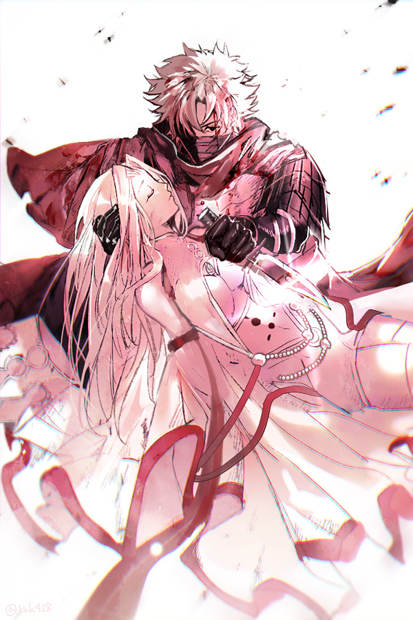 1boy 1girl bandages blonde_hair breasts chromatic_aberration closed_eyes commentary covered_mouth dark-skinned_male dark_skin detached_sleeves dress_of_heaven elbow_gloves emiya_kiritsugu emiya_kiritsugu_(assassin) fate/grand_order fate_(series) gloves holding holding_knife irisviel_von_einzbern irisviel_von_einzbern_(caster) knife kouya_(kyk428) limited_palette long_hair medium_breasts midriff navel reverse_grip sleeves_past_wrists white_hair