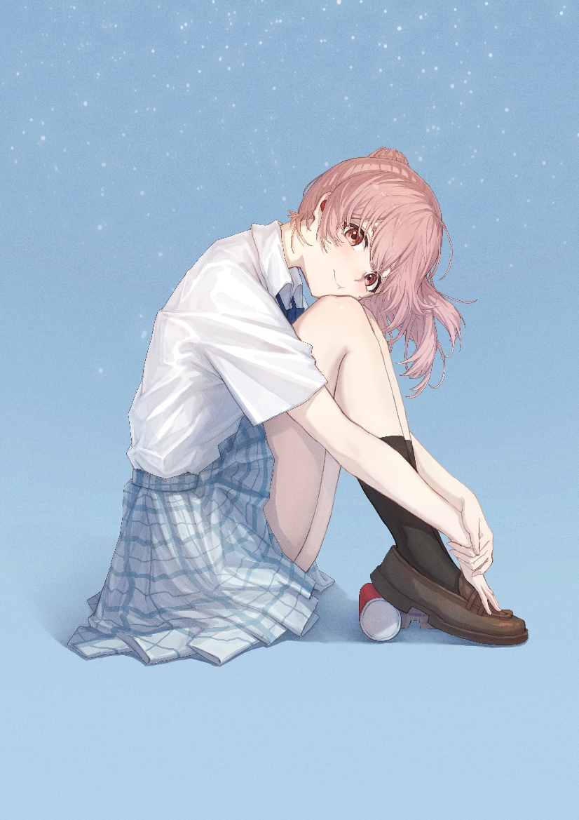 1girl black_socks blue_background blue_skirt brown_eyes brown_shoes can chinese_commentary collared_shirt commentary_request from_side fuka_(pixiv_84081952) full_body knees_up koe_no_katachi loafers miniskirt nishimiya_shouko pink_hair plaid_clothes plaid_skirt pleated_skirt school_uniform shirt shoes short_sleeves simple_background sitting skirt socks solo white_shirt