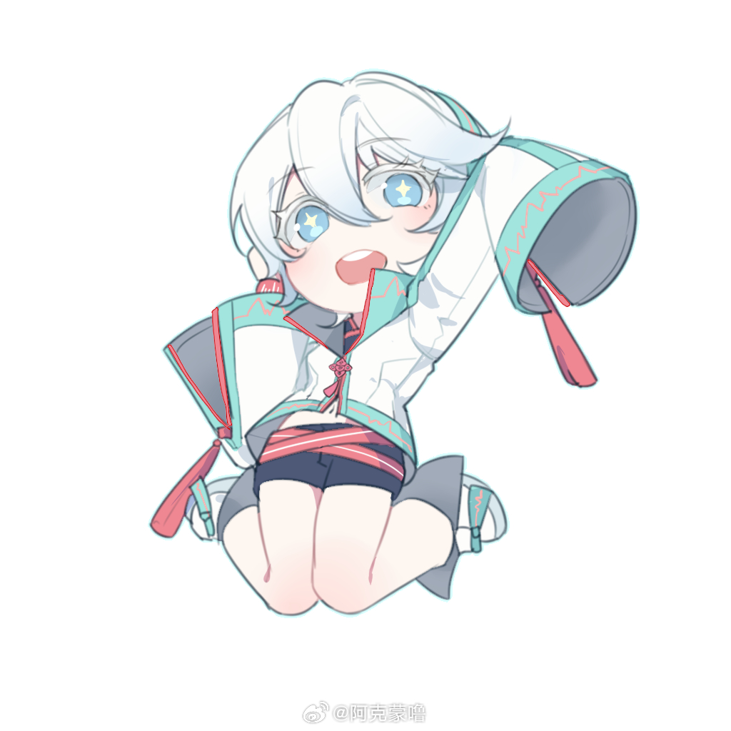 1girl a_ke_meng_lu belt black_shorts blue_eyes boots cardiogram cardiogram_print chibi chinese_knot chinese_text happy jacket jumping long_sleeves open_mouth red_belt short_hair shorts teeth vocaloid vsinger_(vocaloid) watermark weibo_watermark white_hair wide_sleeves yanhe yanhe_v3
