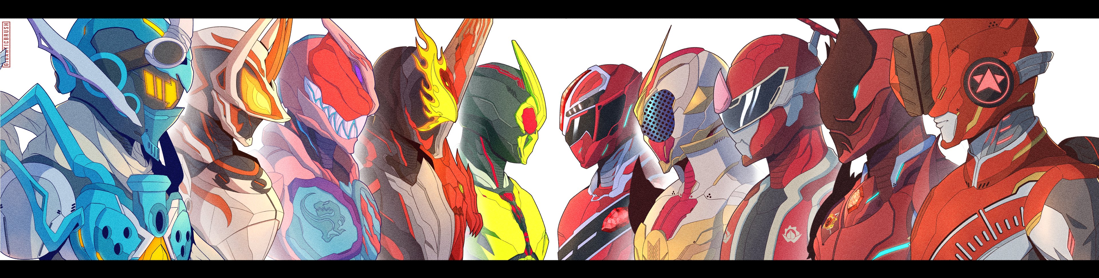 6+boys absurdres adapted_costume armor assault_visor avataro_sentai_donbrothers bakuage_sentai_boonboomger blue_armor blue_helmet bun_red chest_jewel company_connection covering_face donmomotarou forehead_jewel fox_mask giganticbrush goggles goggles_on_head helmet highres in-franchise_crossover kamen_rider kamen_rider_01_(series) kamen_rider_geats kamen_rider_geats_(series) kamen_rider_gotchard kamen_rider_gotchard_(series) kamen_rider_revi kamen_rider_revice kamen_rider_saber kamen_rider_saber_(series) kamen_rider_zero-one kikai_sentai_zenkaiger kiramai_red kuwagata_ohger mashin_sentai_kiramager mask multiple_boys neon_palette ohsama_sentai_king-ohger power_armor red_armor red_eyes red_helmet sharp_teeth simple_background super_sentai teeth tokusatsu unused_tire white_armor white_background white_helmet zenkaizer