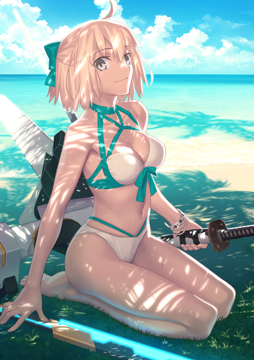1girl ahoge aqua_bikini aqua_bow arm_support bare_arms bare_legs bare_shoulders barefoot beach bikini blonde_hair blue_bow blue_sky bow bow_bikini bracelet breasts cleavage closed_mouth cloud collarbone criss-cross_halter dappled_sunlight fate/grand_order fate_(series) full_body game_cg glowing glowing_weapon grass grey_eyes hair_between_eyes hair_bow halterneck holding holding_sheath holding_sword holding_weapon horizon jetpack jewelry katana looking_at_viewer looking_to_the_side medium_breasts multi-strapped_bikini_bottom multi-strapped_bikini_top multicolored_bikini multiple_bracelets ocean official_art okita_j._souji_(fate) okita_j._souji_(third_ascension)_(fate) okita_souji_(fate) outdoors pink_hair sand seiza sheath sheathed short_hair sitting sky smile solo sunlight swimsuit sword takeuchi_takashi third-party_source toes two-tone_bikini water weapon wet white_bikini