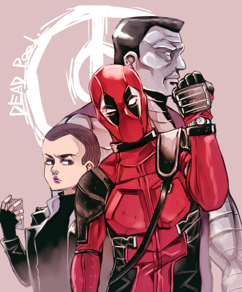1girl 2boys animification bad_id bad_pixiv_id bodysuit cellphone clenched_hand coat colossus_(x-men) copyright_name deadpool deadpool_(movie) deadpool_(series) frown lipstick makeup marvel metal_skin multiple_boys negasonic_teenage_warhead nishimatsuya phone pink_lips shaved_head smartphone superhero_costume x-men x-men_film_series