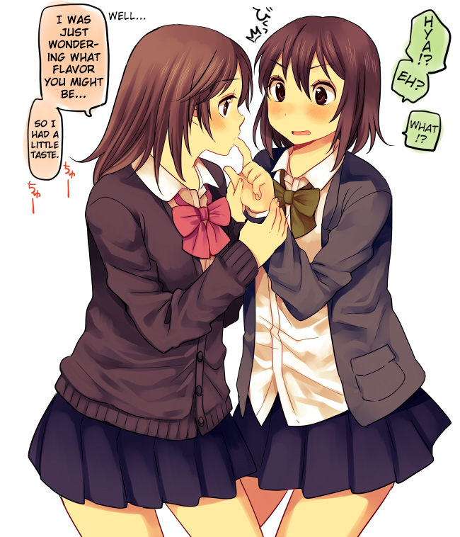 2girls blush bow brown_eyes brown_hair cardigan finger_in_mouth finger_sucking hachiko_(hati12) hard-translated long_hair multiple_boys multiple_girls original school_uniform short_hair skirt third-party_edit translated yuri