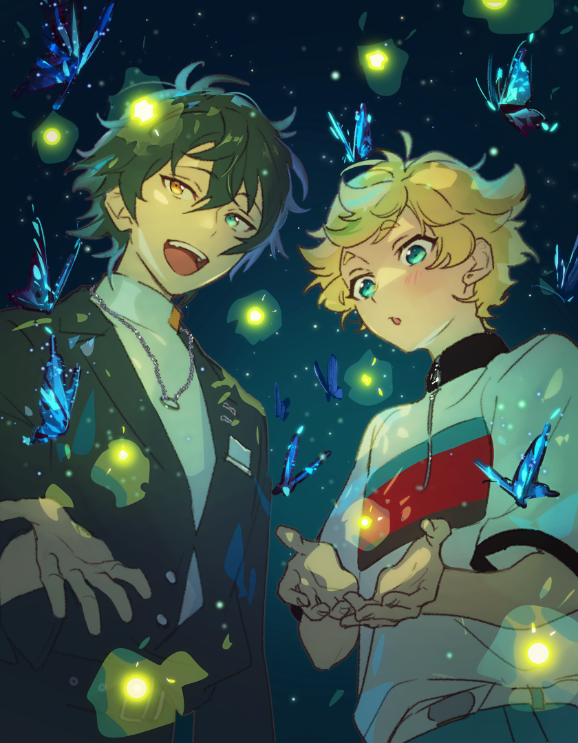 2boys aqua_background aqua_eyes belt bishounen black_background black_hair black_jacket blonde_hair blue_butterfly blue_pants bug butterfly color_contrast cowboy_shot cupping_hands downturned_eyes ensemble_stars! feathered_hair fireflies from_behind glowing gradient_background hair_between_eyes harukawa_sora heterochromia insect jacket jewelry kagehira_mika logi_bunbukucha male_focus multiple_boys necklace night open_hand open_mouth orange_eyes own_hands_together pants parted_lips partially_unbuttoned print_jacket radial_gradient_background shirt_partially_tucked_in short-sleeved_jacket short_hair short_sleeves side-by-side sideways_glance sweater sweater_under_jacket teeth turtleneck turtleneck_sweater upper_teeth_only white_belt white_jacket