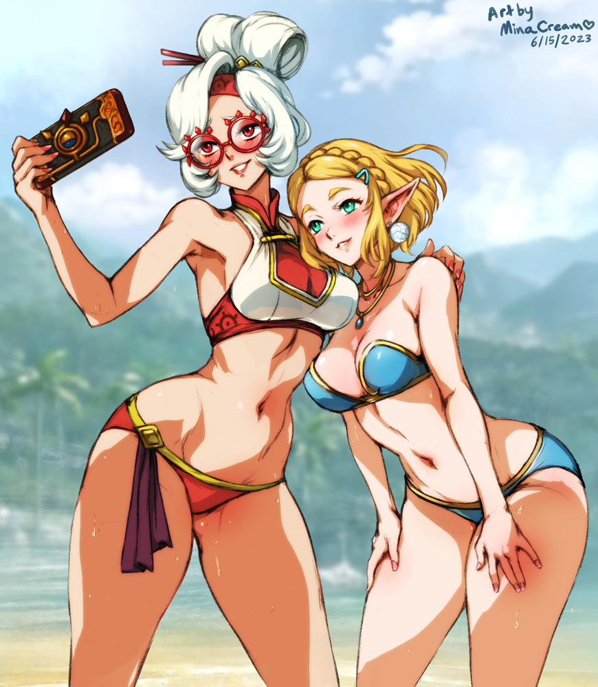 2girls alternate_costume arched_back arm_around_shoulder beach bikini blonde_hair blue_bikini blurry blurry_background braid breasts collared_bikini commentary crown_braid dated earrings english_commentary green_eyes hair_ornament hair_stick hairclip hands_on_own_thighs holding jewelry large_breasts leaning_forward mina_cream multiple_girls navel necklace nintendo outdoors palm_tree parted_bangs parted_lips pointy_ears princess_zelda purah purah_pad red-framed_eyewear red_bikini red_eyes round_eyewear sheikah short_hair smile swimsuit the_legend_of_zelda the_legend_of_zelda:_tears_of_the_kingdom tree twitter_username updo wet white_hair